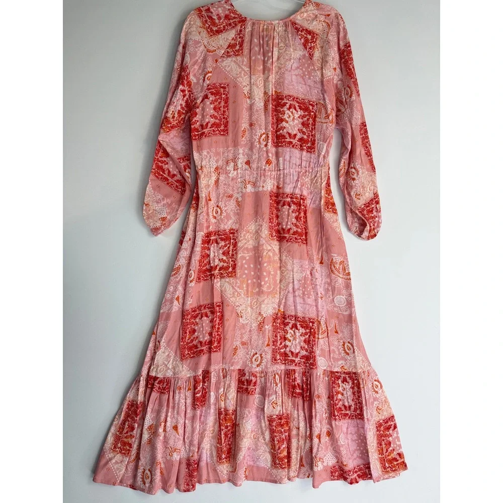 Roller Rabbit Maxi Dress Womens Size M Pink Red Patchwork Bandana Boho Tiered - Picture 6 of 13